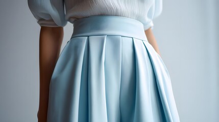 Artistic visualization of chic light blue wide-leg pants with an impeccably fitted elastic waistband, emphasizing comfortable elegance and modern craftsmanship for a versatile wardrobe