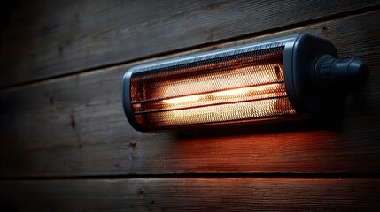 Detailed Close-up of Modern Electric Heater Radiating Warmth Against a Weathered Wooden Wall in a Cozy Winter Home Interior Highlighting Energy Efficiency and Rustic Charm