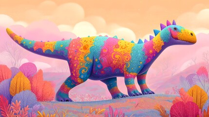 Playful Multi-Colored Dinosaur in a Stylized Cartoon with Rainbow Effects on a Gentle Hillside Beneath a Soft Pastel Horizon Evoking Fantasy Energy