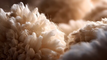 A vivid rendering of lamb's wool with downy, fluffy fibers bathed in ambient lighting that underlines its warm cream and white interplay to evoke tranquil and snug textile inspiration