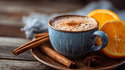 Artistic depiction of a cup of coffee adorned with cinnamon sticks and a zesty orange on a rustic wooden table emphasizing its nutritious coconut milk and mocha blend for sensitive individuals