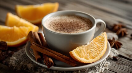 Stunning visual narrative of a delicately garnished coffee cup with cinnamon and orange slices on timber, highlighting its allergen-friendly coconut milk and mocha mixture with a refined presence