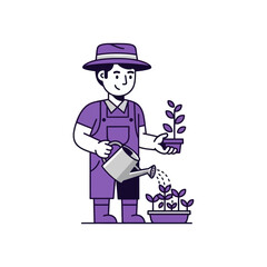 Gardener character watering small plants in pots demonstrating plant care and sustainable agriculture flat line illustration