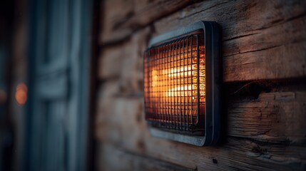 Intricate Macro Photograph of a Stylish Electric Heater in a Rustic Setting with Warm Illumination for a Cozy Winter and Sustainable Energy Environment