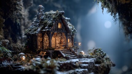 Ethereal Micro Cottage Emerging from Mystic Mists in a Mythical Forest, Expertly Crafted by Gnome and Troll Artisans in a Surreal Setting