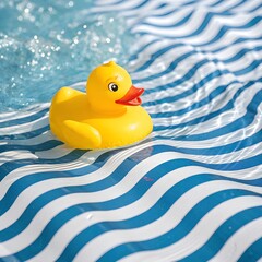 Yellow Rubber Duck on Blue and White Striped Waves