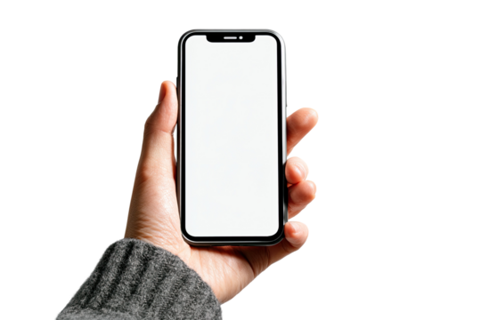 Close-up of a hand holding a modern smartphone with a blank screen