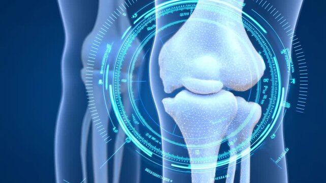 Human knee joint scan with medical data visualization for orthopedic diagnosis and treatment animation