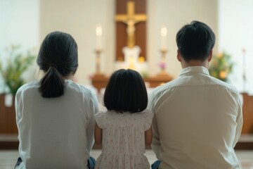 Fototapeta premium Prayer and Unity: A family unites in prayer within a church, the cross symbolizing faith and the shared bond. Embracing a moment of spiritual contemplation, a symbol of hope and togetherness.