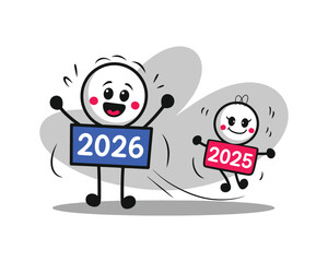 Obraz premium Cheerful stick figures welcoming 2026 and waving farewell to 2025 in fun celebration illustration