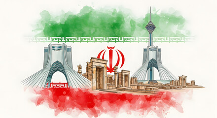 Iranian landmarks and flag depicted in a watercolor painting isolated on white background