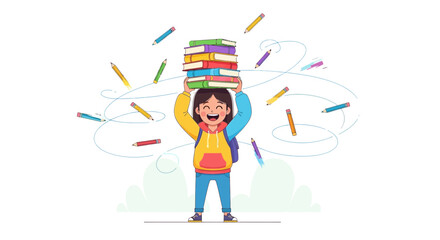 Joyful Student Balancing Books and Pencils Celebrating the Pursuit of Education