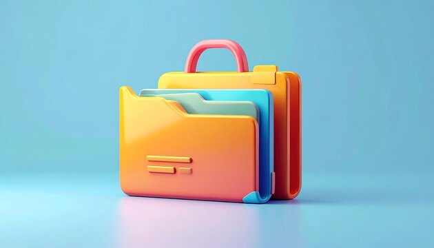 Digitally rendered 3D icon of an orange briefcase with folders against a blue background