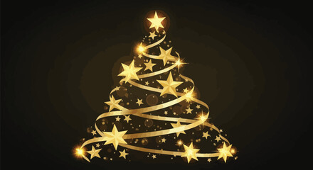 Elegant christmas tree made of golden stars and ribbon on a dark background