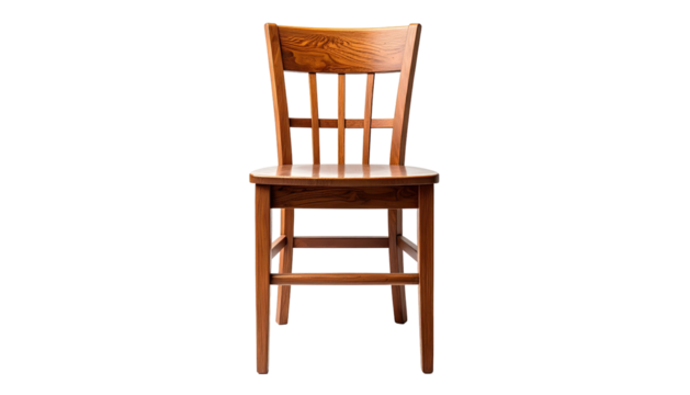 A wood chair stands centered, showing straight lines and a simple, timeless design, against a black backdrop