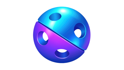 A divided luminous sphere, turquoise above and violet below, perforated with circular holes, isolated on black