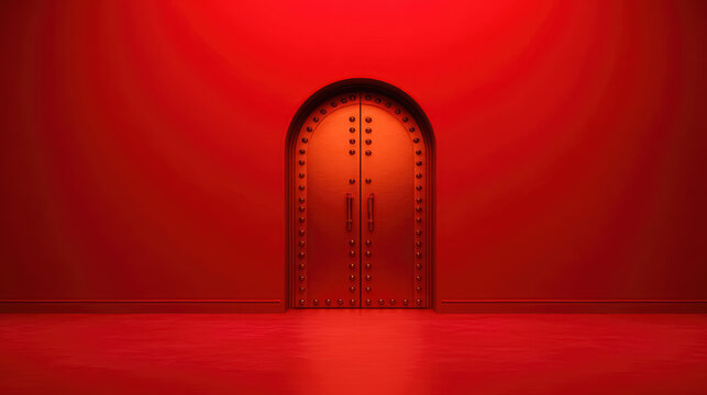 Minimalist 3D rendered red room with an arched, riveted door. Abstract background for design or spiritual concepts.