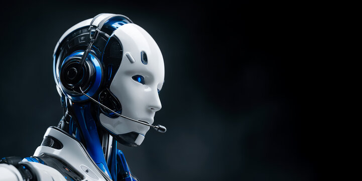 AI Agent Customer Support. Smart call center solutions AI where artificial intelligence optimizes service, A humanoid robot wearing a headset microphone like a call center operator.