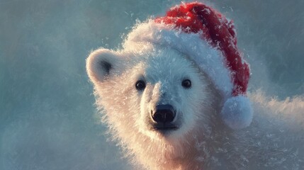 Naklejka premium polar bear cub wearing santa hat in festive digital painting