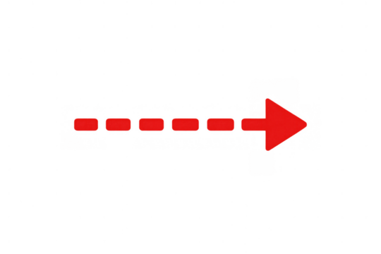 Red dotted line arrow pointing right, indicating direction, progress, forward movement, and next steps on a transparent background