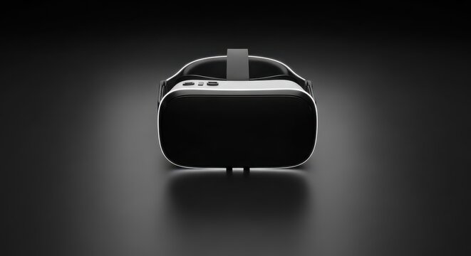 Front view of a virtual reality headset on a dark background, offering an immersive experience for gaming and simulations
