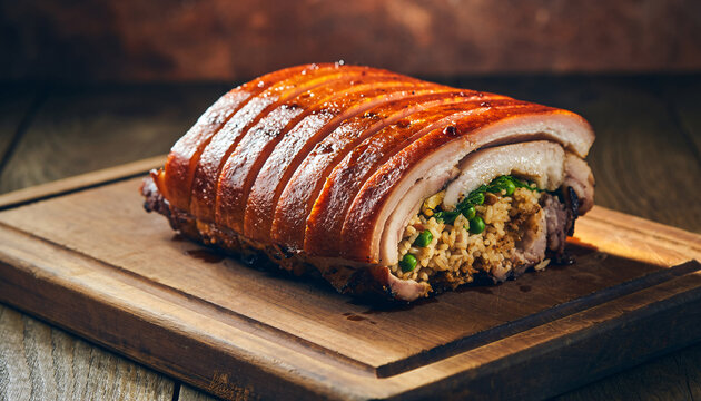 Roasted lechona with rice and peas filling on rustic wooden board