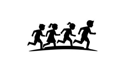 Fototapeta premium Vector icon of kids running together, minimalist black and white silhouette, transparent background