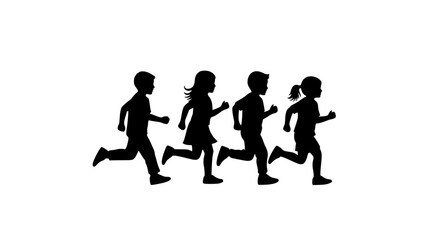Vector icon of kids running together, minimalist black and white silhouette, transparent background