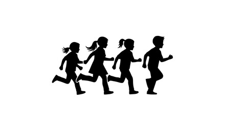 Vector icon of kids running together, minimalist black and white silhouette, transparent background