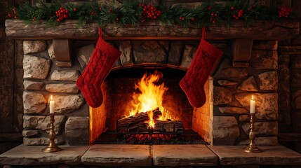 A cozy christmas fireplace with stockings, garland, and candles creating a warm holiday atmosphere