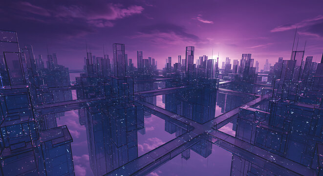 Futuristic Cityscape with Glass Buildings at Sunset