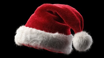 a festive santa claus hat with a red top and a white fluffy trim isolated on a black background on transparent background