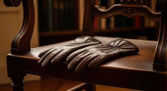 A pair of leather gloves resting on a wooden chair in a dimly lit room, evoking a sense of mystery and sophistication
