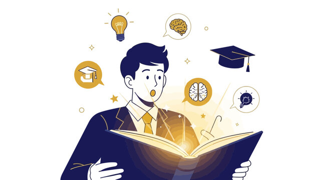 Illustration Of A Man Reading A Book Of Knowledge and Ideas Inspiring Wisdom