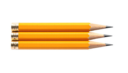 Three yellow pencils are neatly stacked horizontally on a black background, showing sharpened points