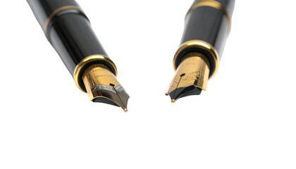 Two black pens with gold accents hover on a black backdrop, focused on their nibs, presenting a close-up shot