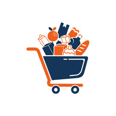 Shopping cart full of groceries and food products vector illustration