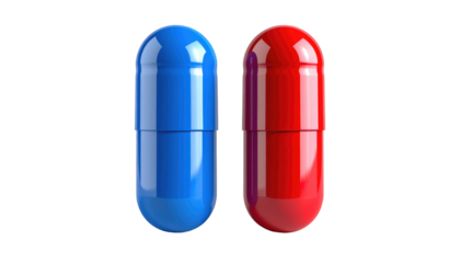 Shiny red and blue capsules side by side on a black background with bright highlights