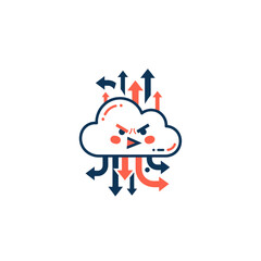 Angry cloud icon with data flow arrows network processing concept