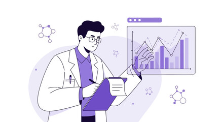 Fototapeta premium Scientist Analyzing Data In Lab Coat, Charts, Graphs, And Strategic Analytics Visualization