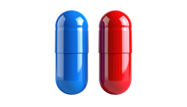 Shiny red and blue capsules side by side on a black background with bright highlights