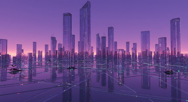 Futuristic Cityscape at Sunset with Flying Cars