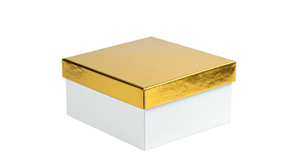 Simple white box with a gold lid, centered on a black background and softly lit