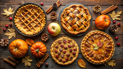 Overhead view of assorted autumn pies and fruits on a rustic wooden table