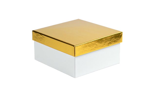 Simple white box with a gold lid, centered on a black background and softly lit