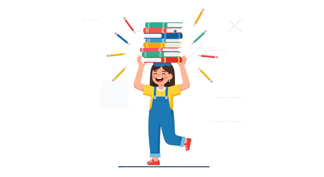 Joyful Girl Balancing Books While Pencils Illuminate Her Enthusiasm For Education
