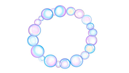Circle of luminous, iridescent spheres in graduated sizes, set against a black background