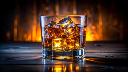 Glass of whiskey with ice cubes on a wooden table in front of fireplace