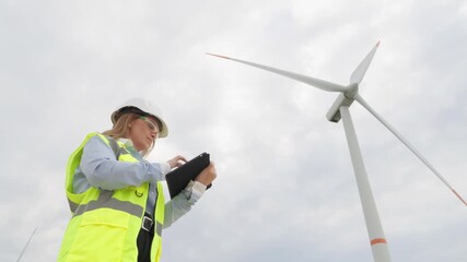 A skilled female engineer, in safety gear, uses a tablet to monitor operations at a wind turbine site, highlighting renewable energys vital role in promoting a sustainable future