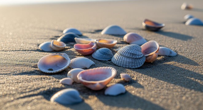 Collection of Cockleshells on Beach Sand at Golden Hour Sunset
A mesmerizing, low-angle close-up capturing a cluster of beautiful, primarily cockleshells